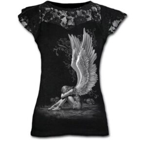 a grunge black shirt with an angel design