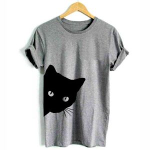 a gray shirt with black cat